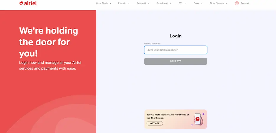 Airtel Login Page for Airtel PUK Code